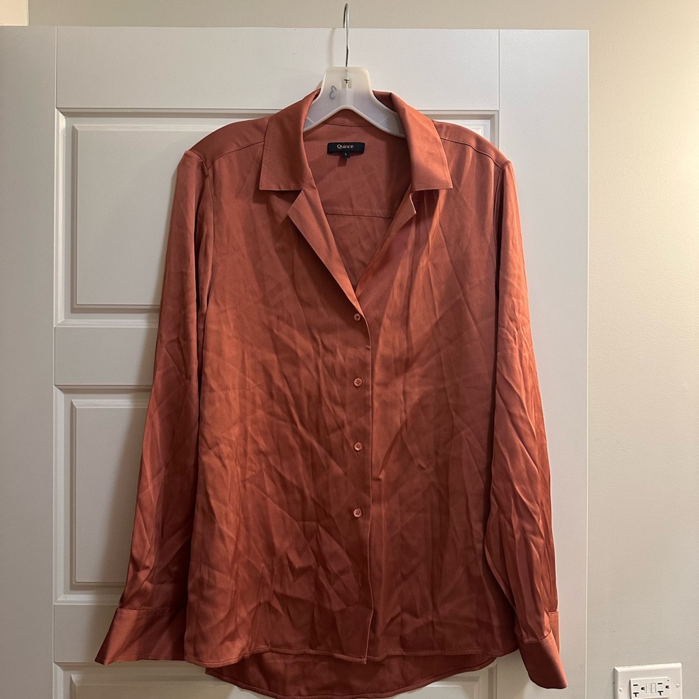 Quince Women’s Washable Stretch Silk Notch Collar Blouse in Rosewood - L